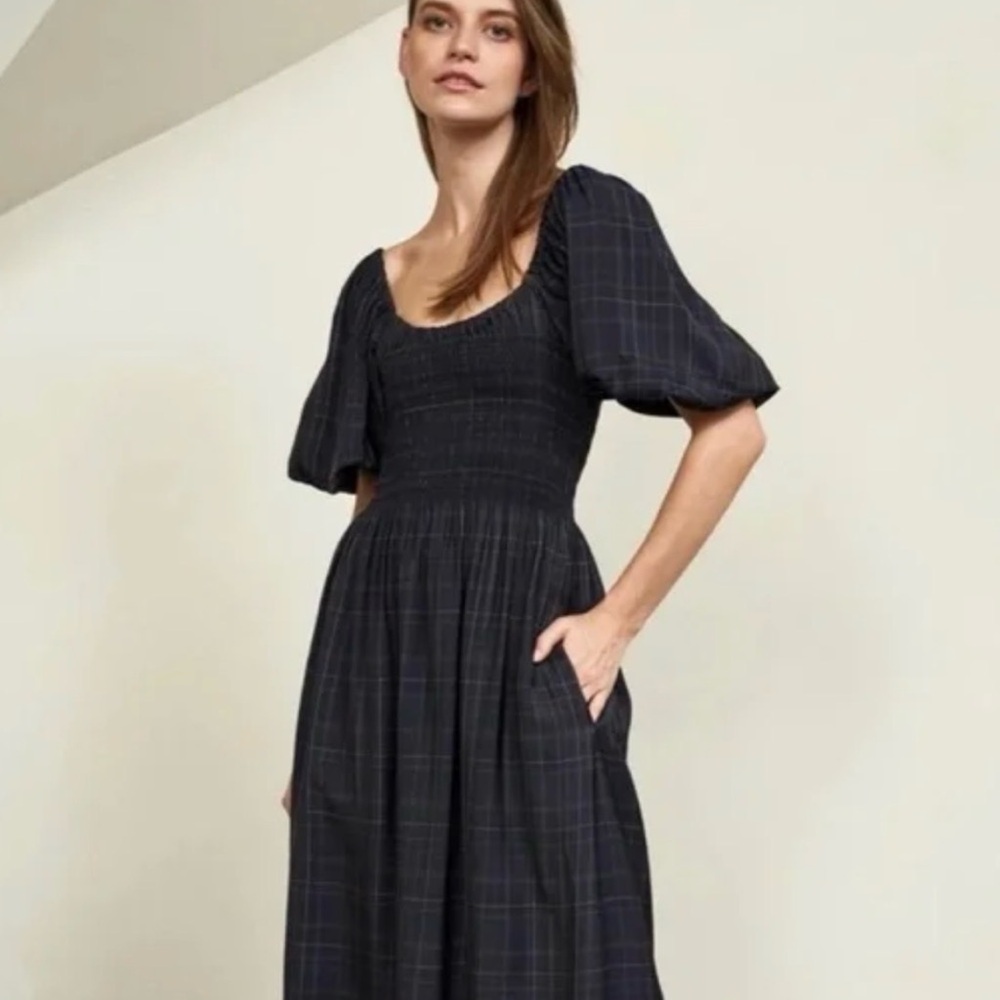 La Ligne Daisy Plaid  Puff Sleeve Smocked Maxi Dress | L